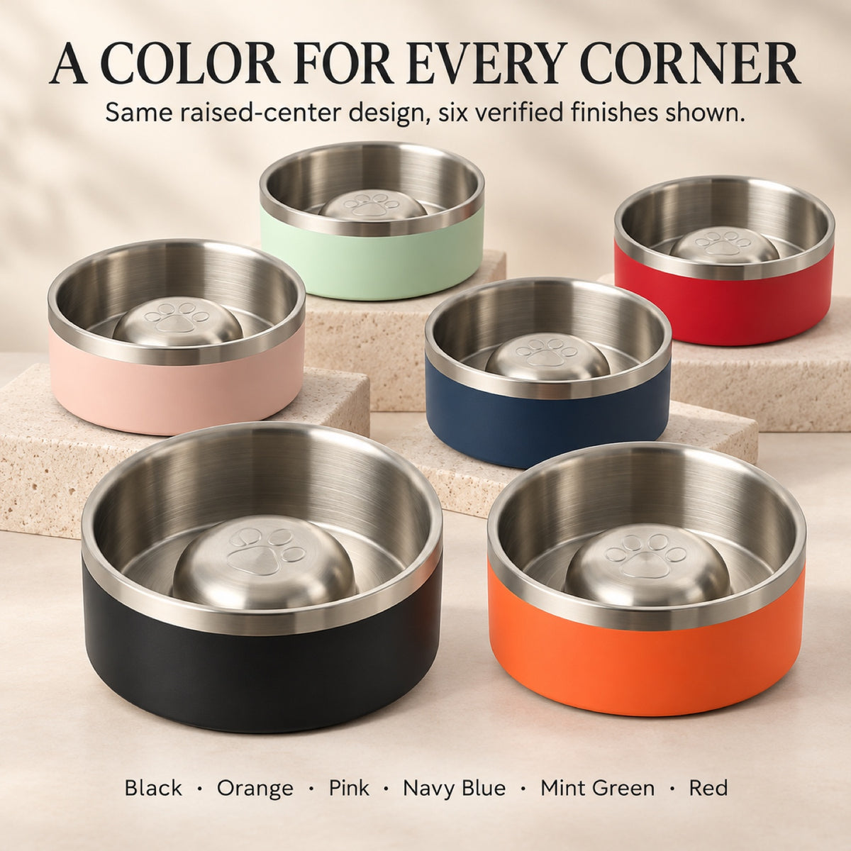 GAVPEPY Stainless Steel Paw-Pattern Slow Feeder Bowl, 17 or 20 cm diameter, 11 finishes including Black, Pink, Green, Navy Blue, White, Orange, Red, Blue, Mint Green, Gray and Steel, for Everyday Dog and Cat Meals or Water at Home, raised paw-shaped image 5 - 4.jpg