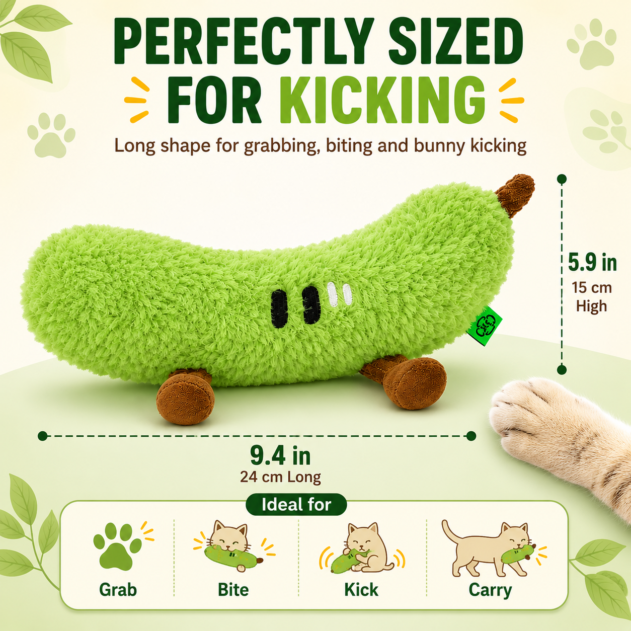 Green Cucumber Catnip Kicker Toy with Squeaker image 5