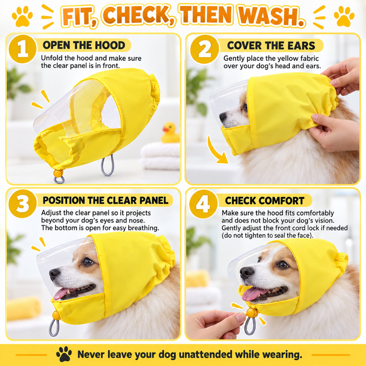 GAVPEPY Polyester and EVA Dog Bath Ear Cover Hood, Yellow in S or L, for covering the ear area during supervised splash-prone baths, home bathing, wash stations and grooming sessions, a bright hood, clear face panel and adjustable lower opening form image 6 - 5.jpg