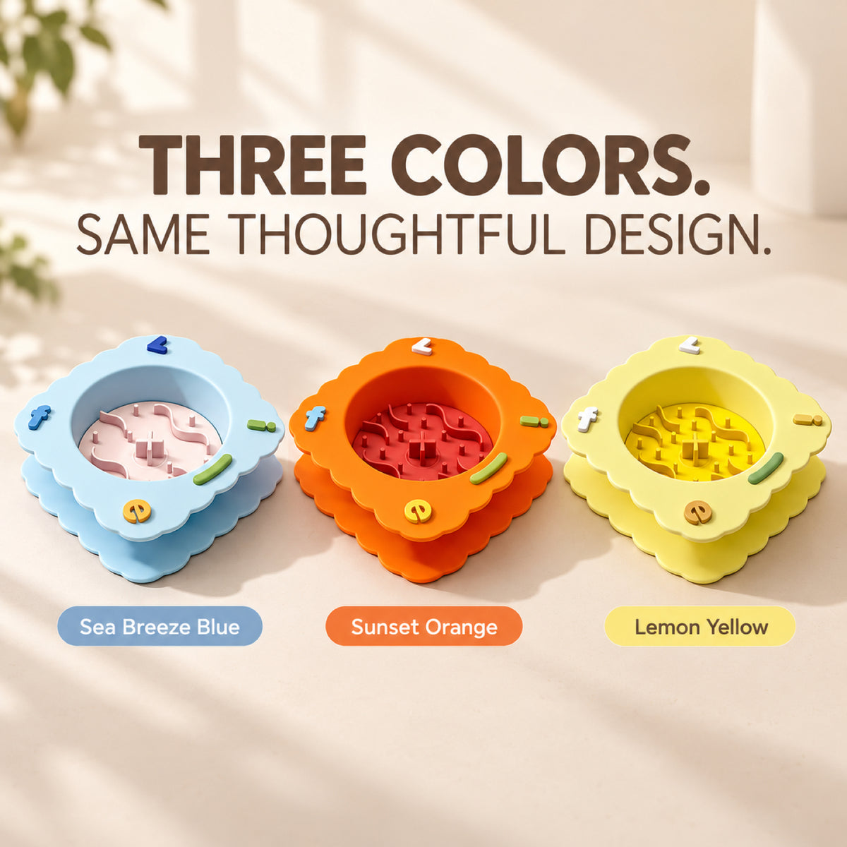 GAVPEPY Silicone Patterned Slow Feeder Bowl, 19.5 x 19.5 x 5.5 cm, Sea Breeze Blue, Sunset Orange or Lemon Yellow, for Everyday Dog and Cat Meals or Water at Home, raised maze-like food channels; a patterned surface separates portions across the bowl image 6 - 5.jpg