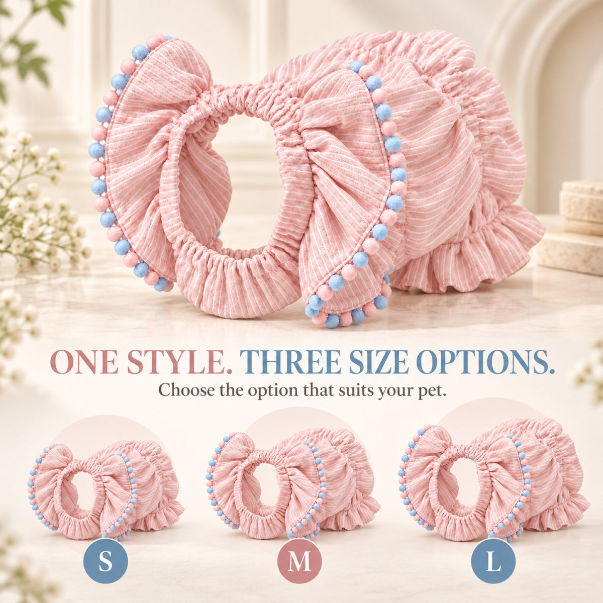 GAVPEPY Polyester Pink Lace Long-Ear Dog Snood, the LA96385 Pink Lace design in S, M and L, for holding long dog ears back during meals and supervised everyday routines, feeding, home grooming and short walks image 6 - 5.jpg