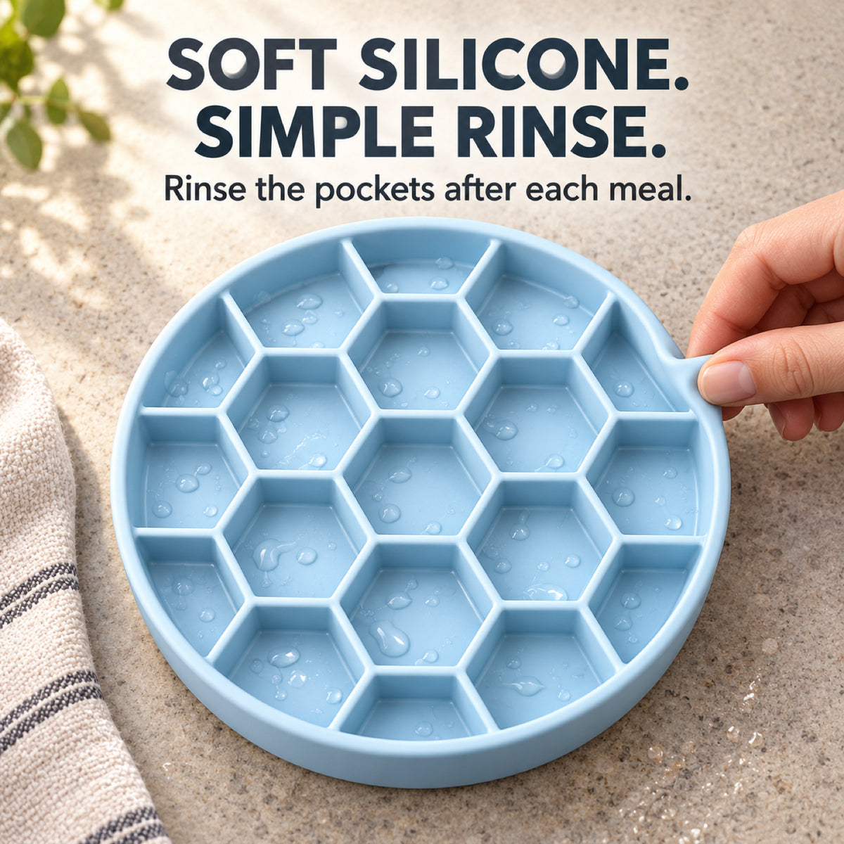 GAVPEPY Silicone Honeycomb Slow Feeder Bowl, 21 cm diameter, Blue, Green or Orange, for Everyday Dog and Cat Meals or Water at Home, raised honeycomb-style channels; a patterned surface separates portions across the bowl image 6 - 5.jpg