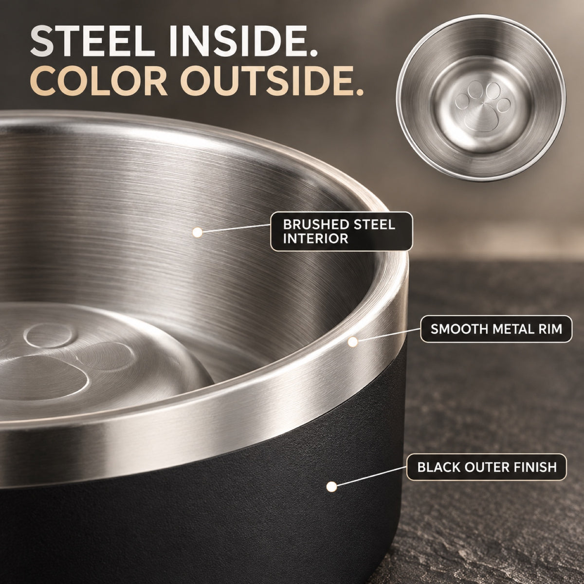 GAVPEPY Stainless Steel Slow Feeder Pet Bowl, 17 or 20 cm diameter, Classic Black, Navy Blue, White or Steel, for Everyday Dog and Cat Meals or Water at Home, raised central feeding ridges; a patterned surface separates portions across the bowl image 6 - 5.jpg