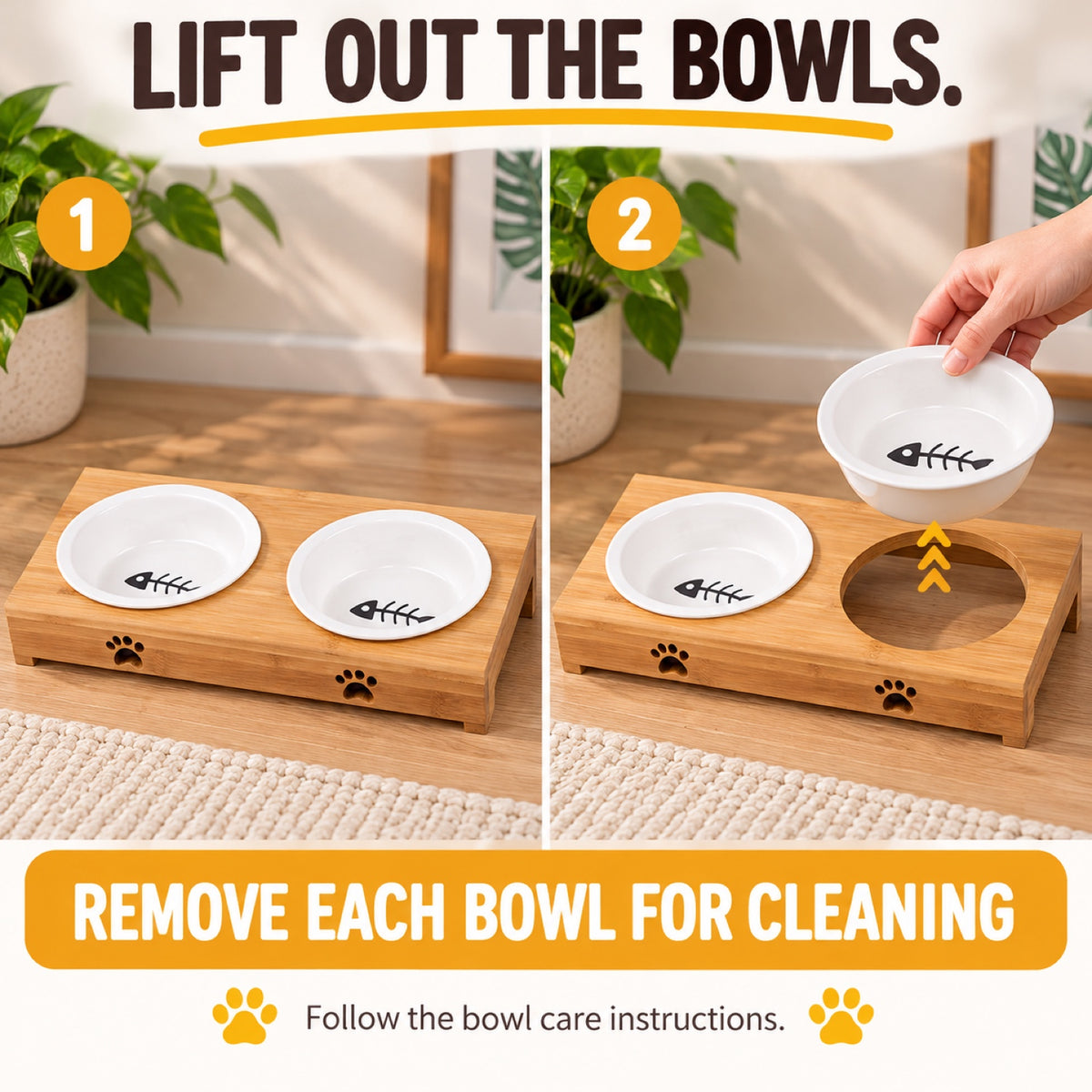 GAVPEPY Bamboo Stand with Two Ceramic Pet Bowls, stand 29.5 x 14.1 x 5.3 cm, natural bamboo and white bowls, for Everyday Dog and Cat Meals or Water at Home, two ceramic bowls seated in a low bamboo frame; a practical feeding setup for daily image 6 - 5.jpg