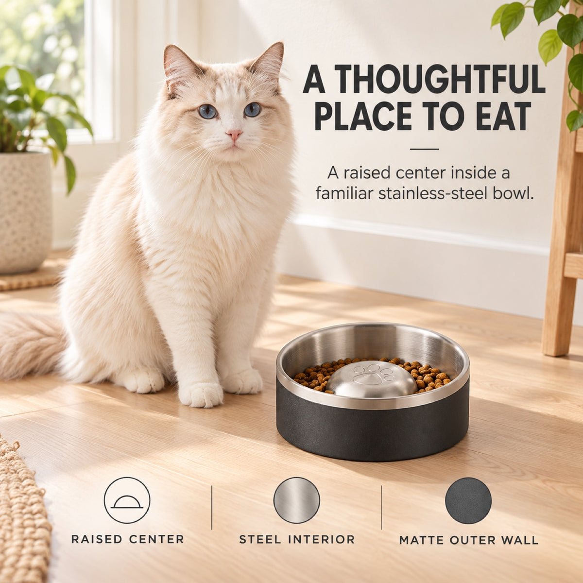 GAVPEPY Stainless Steel Paw-Pattern Slow Feeder Bowl, 17 or 20 cm diameter, 11 finishes including Black, Pink, Green, Navy Blue, White, Orange, Red, Blue, Mint Green, Gray and Steel, for Everyday Dog and Cat Meals or Water at Home, raised paw-shaped image 6 - 5.jpg