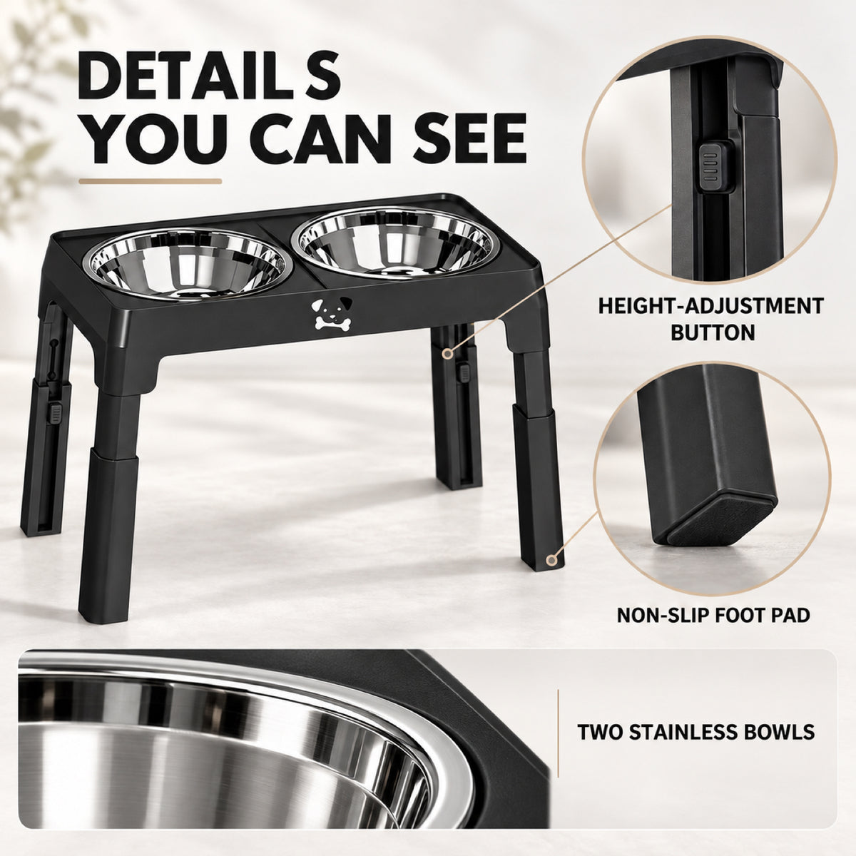 GAVPEPY Adjustable Raised Double Dog Bowl Stand, 44 x 23 x 31 cm, Black only, for Everyday Dog and Cat Meals or Water at Home, two stainless steel bowls in a height-adjustable frame; a practical feeding setup for daily pet-care routines image 6 - 5.jpg