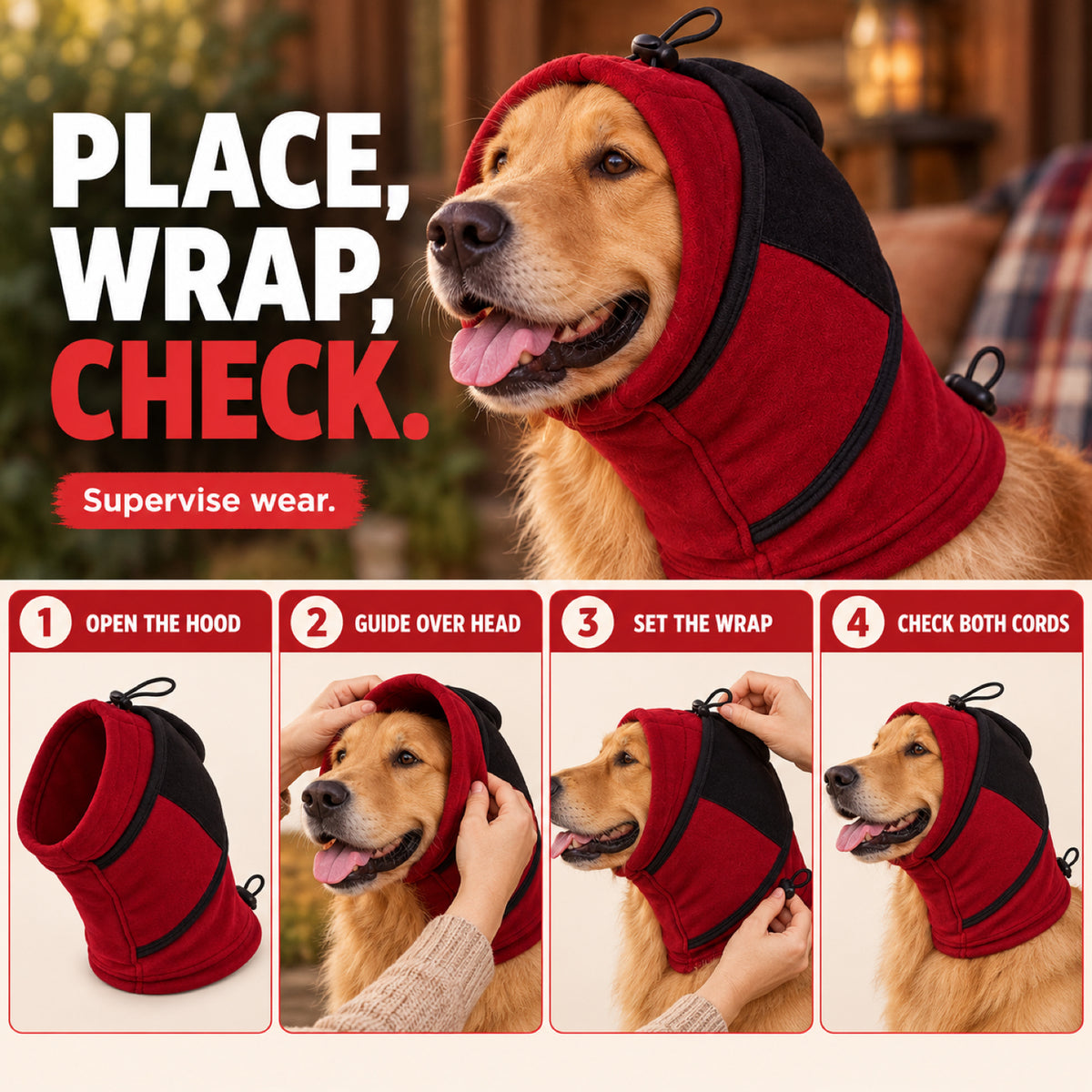GAVPEPY Fleece-Style A-Shape Dog Head and Neck Wrap, Gray or Red in S, M, L and XL, for covering ears and neck during supervised cool-weather or noisy routines, walks, home, grooming and travel, an open face, layered neck section and adjustment image 6 - 5.jpg