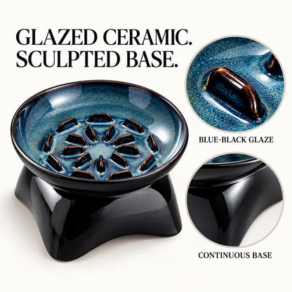 GAVPEPY Blue Glazed Ceramic Raised Slow Feeder Bowl, 20.2 x 11.9 x 10.4 cm, Blue, for Everyday Dog and Cat Meals or Water at Home, angled raised bowl with molded internal ridges; a patterned surface separates portions across the bowl image 6 - 5.jpg