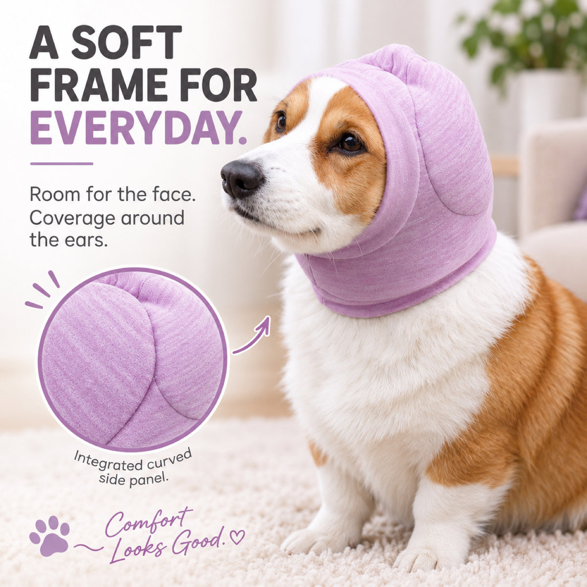 GAVPEPY Polyester Soft Dog Ear Hood, Gray or Purple in S, M, L and XL, for covering canine ears during supervised cold-weather and daily routines, walks, home, grooming and travel, a rounded soft hood, open face and extended lower edge provide the image 6 - 5.jpg