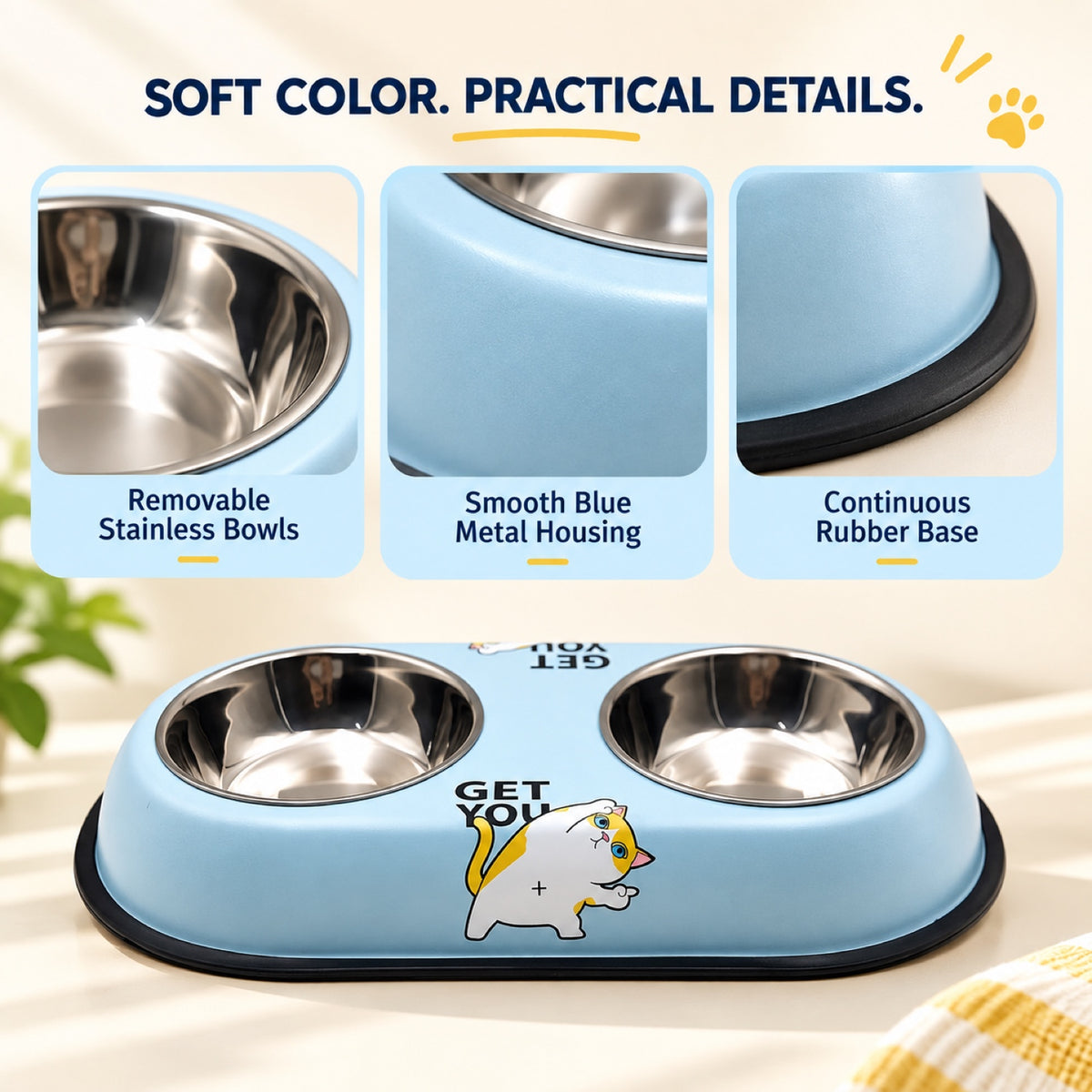 Cat-Print Double Pet Bowl, 2 Sizes, By GAVPEPY image 6 - 5.jpg