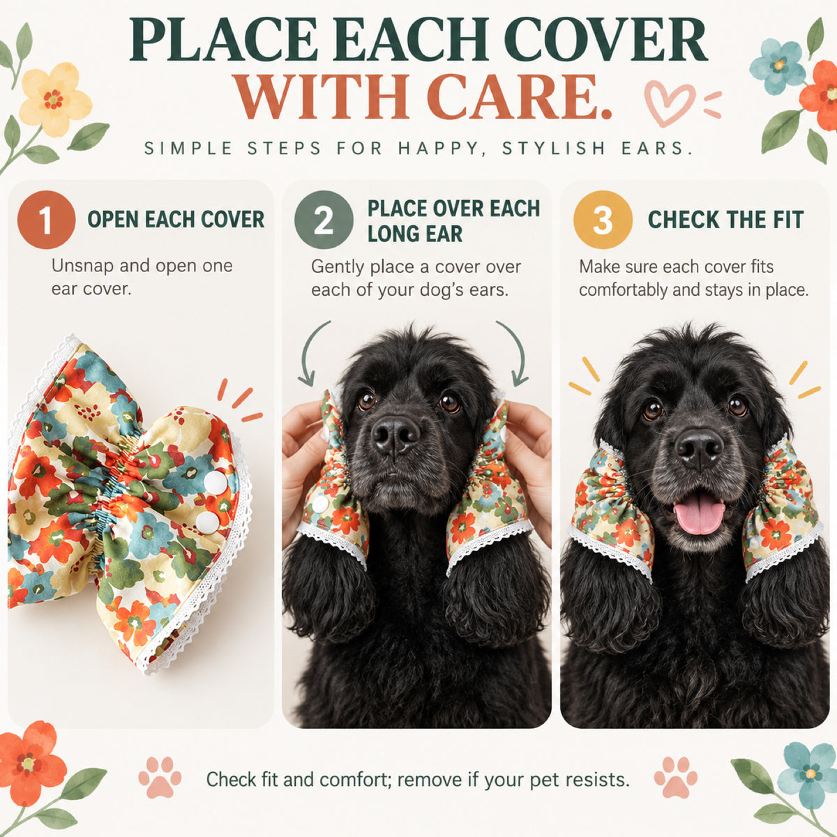 GAVPEPY Cotton Floral Long-Ear Dog Cover, Begonia, Apricot, Lake Blue or Blue patterns in Ear Cover Only or Ear Cover with Neck Cover packages, for keeping long ear hair tidier during meals and supervised daily routines, meals, grooming and daily use image 6 - 5.jpg