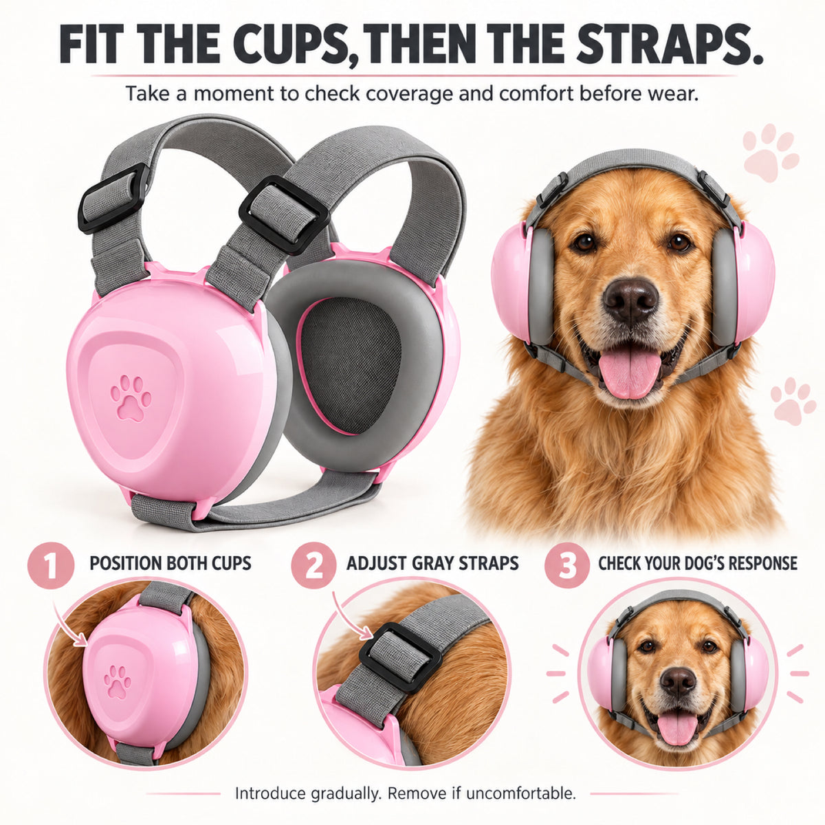 GAVPEPY ABS-Shell Dog Ear Muffs with Wraparound Straps, M or L with Black, Blue, Orange Gradient or Pink ear cups, for covering canine ears during thunderstorms, fireworks and grooming noise, home routines, outdoor events, travel and grooming visits image 6 - 5.jpg