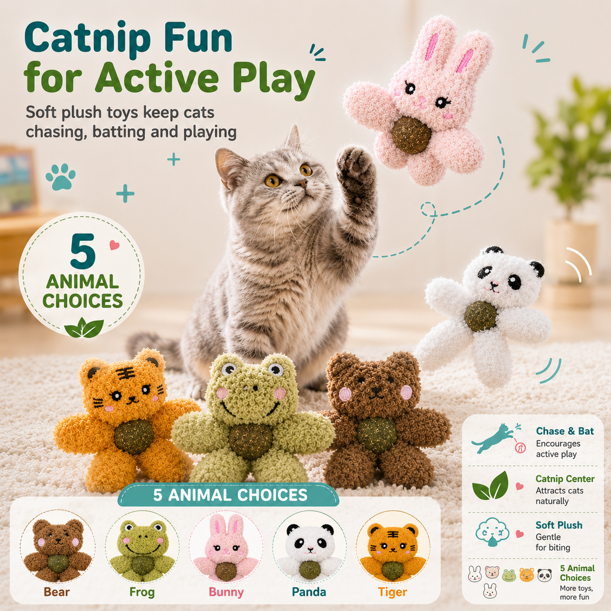 Plush Catnip Animal Cat Toy with Silvervine Ball image 5 - 5.png