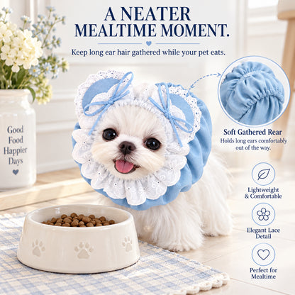 GAVPEPY Cotton Denim Long-Ear Dog Snood with Lace Trim, Light Blue or Medium Blue in S, M and L, for holding long ears and hair back during supervised meals and grooming, feeding time, home grooming and short walks image 6 - 5.jpg