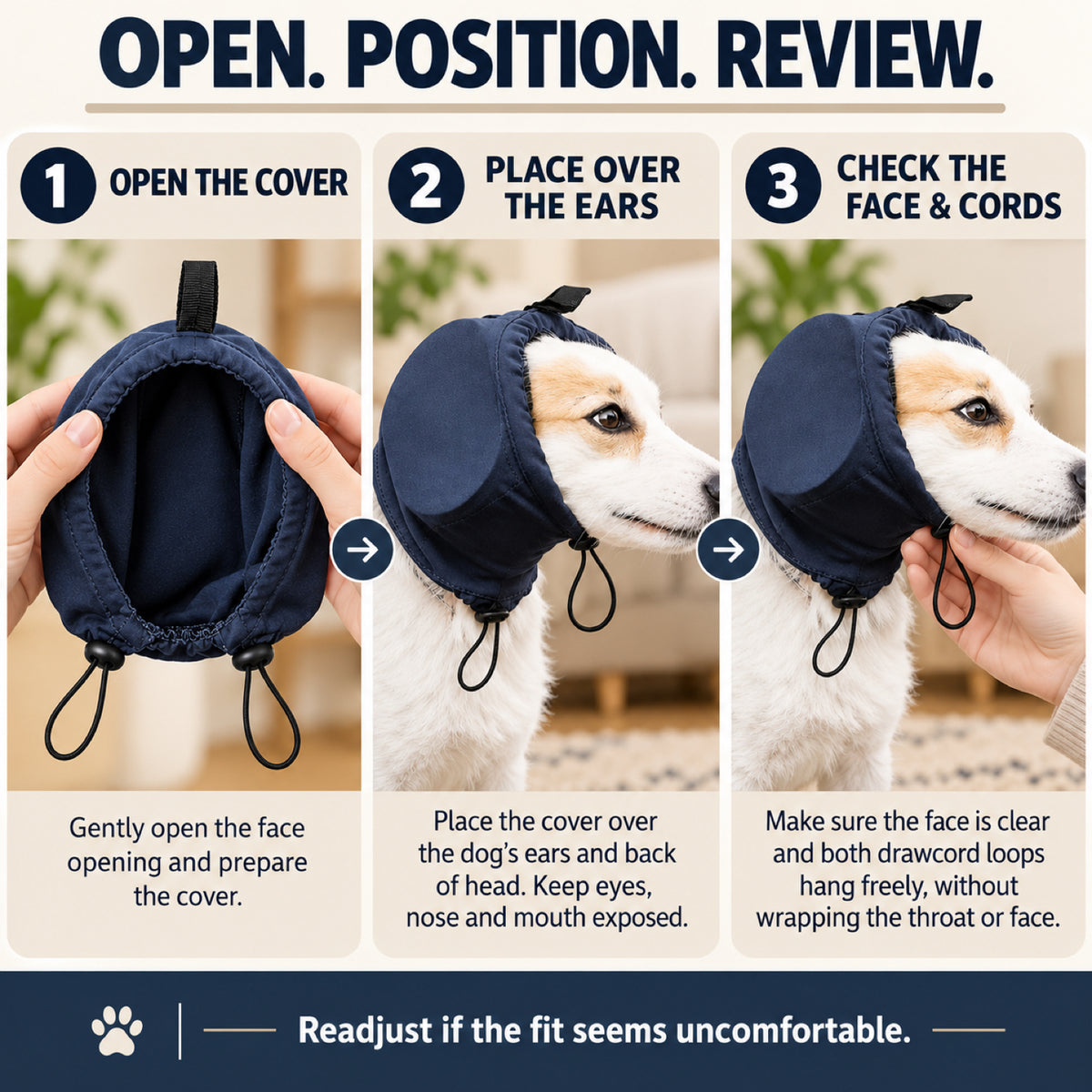 GAVPEPY Fleece-Style Dog Ear Cover Hood, Black or Navy Blue in S, M, L and XL, for covering the ears during supervised windy or noisy routines, home, grooming visits, travel and cooler outdoor outings image 6 - 5.jpg