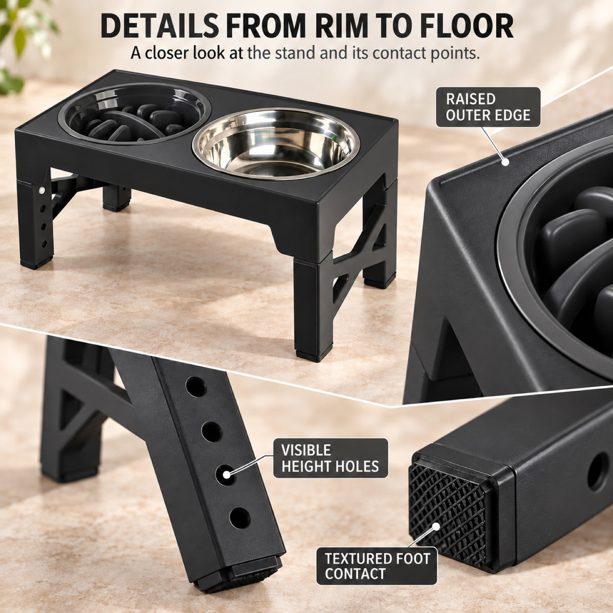 GAVPEPY Adjustable Raised Double Pet Feeder, 44 x 23 x 8 cm, Black, for Everyday Dog and Cat Meals or Water at Home, one textured feeding area and one round metal-look bowl; a practical feeding setup for daily pet-care routines image 6 - 5.jpg