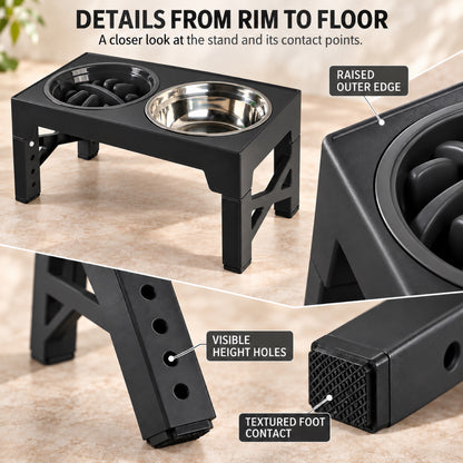 GAVPEPY Adjustable Raised Double Pet Feeder, 44 x 23 x 8 cm, Black, for Everyday Dog and Cat Meals or Water at Home, one textured feeding area and one round metal-look bowl; a practical feeding setup for daily pet-care routines image 6 - 5.jpg