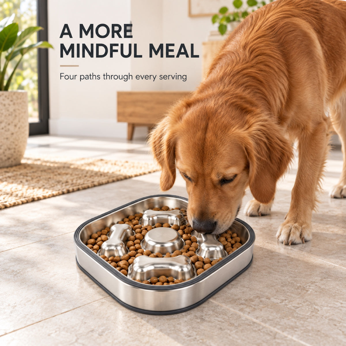 Square Bone-Print Stainless Steel Slow Feeder Bowl, 2 Base Options, By GAVPEPY image 6 - 5.jpg