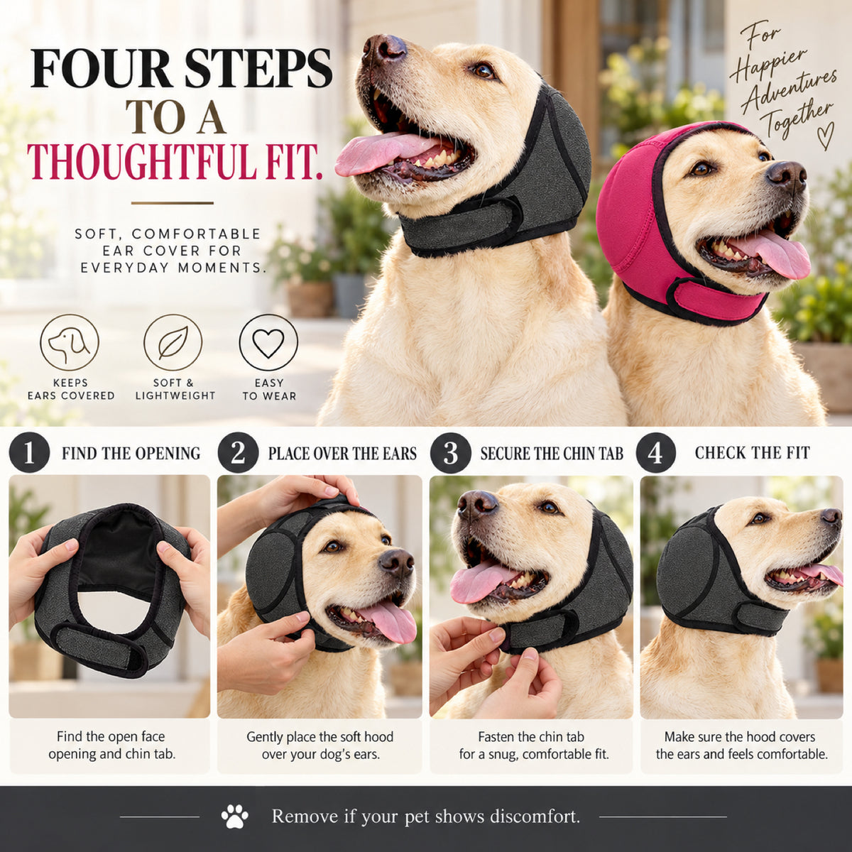 GAVPEPY Neoprene Dog Ear Cover Hood, Gray or Rose Red in S, M and L, for covering the ears during supervised baths and grooming routines, home wash stations, grooming appointments and routine pet care image 6 - 5.jpg