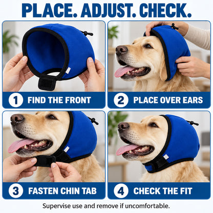 GAVPEPY Polyester Padded Dog Ear Cover Hood, Black or Blue in S, M and L, for covering canine ears during supervised noisy routines, home, travel, grooming visits and outdoor events, a smooth outer panel, dark inner lining and adjustable lower tab image 6 - 5.jpg