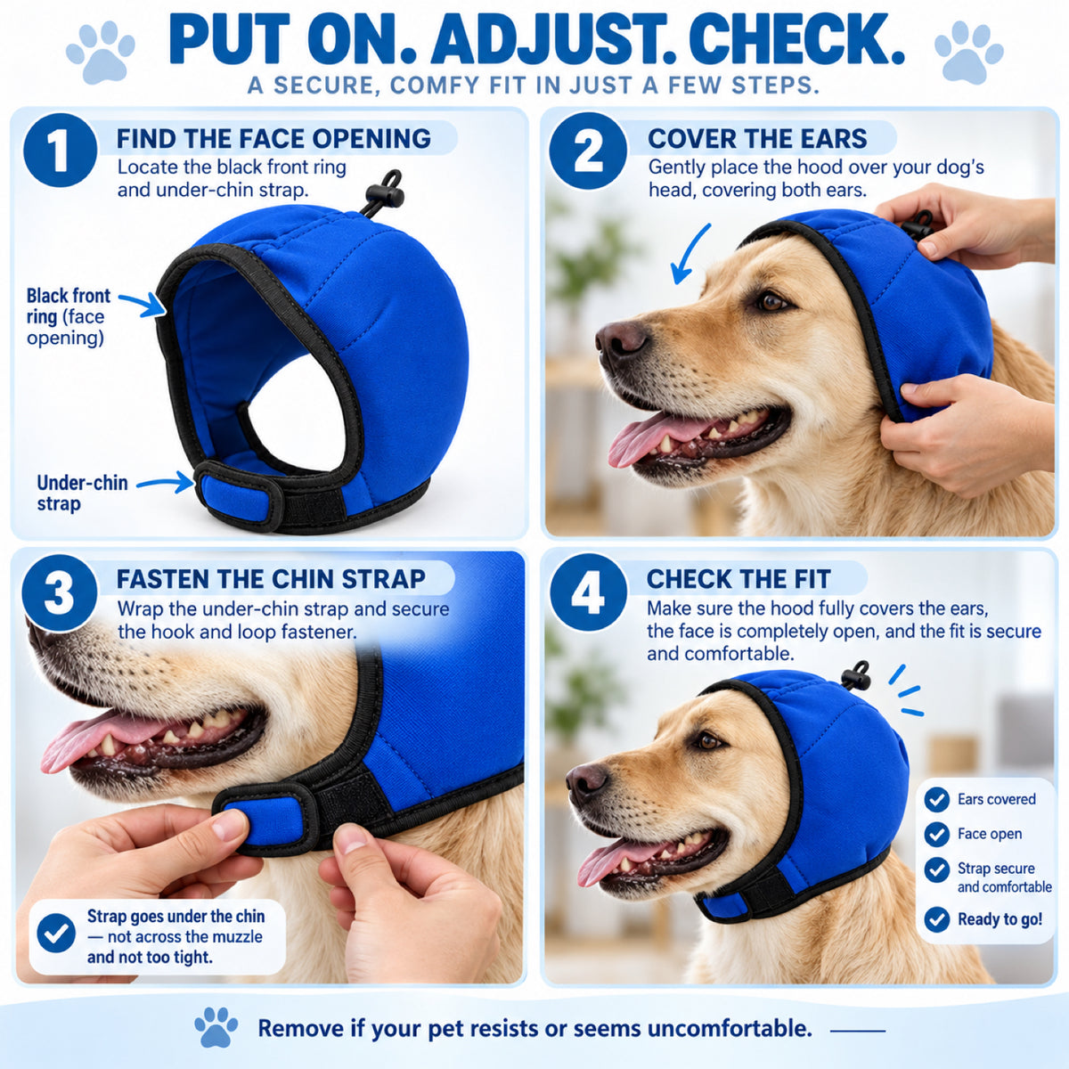 GAVPEPY Polyester Padded Dog Ear Cover Hood, Black or Blue in S, M and L, for covering the ears during supervised noise and grooming routines, home, travel, grooming appointments and outdoor events, a shaped soft hood, dark inner lining and image 6 - 5.jpg