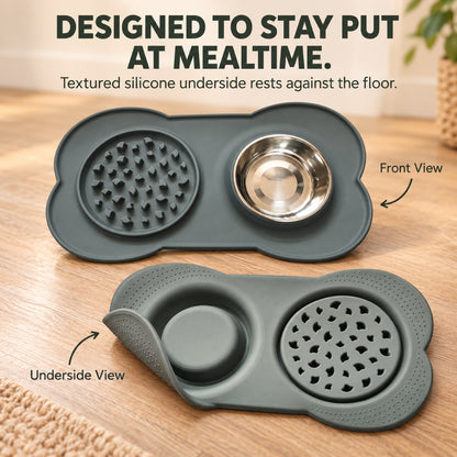 GAVPEPY Silicone Feeding Mat and Bowl Set, 58 x 33 cm, one pictured colorway, for Everyday Dog and Cat Meals or Water at Home, textured feeding area beside a round bowl; a patterned surface separates portions across the bowl image 6 - 5.jpg