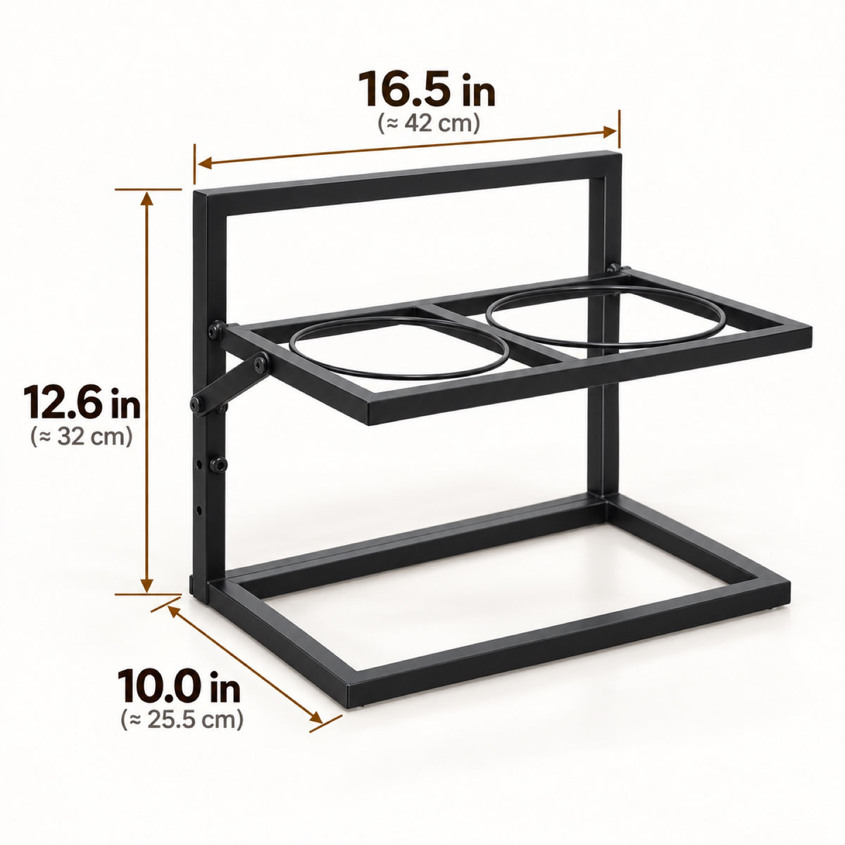GAVPEPY Metal Raised Double Dog Bowl Stand, 42 x 32 x 25.5 cm, Black frame with two bowls, for Everyday Dog and Cat Meals or Water at Home, metal frame holding two stainless-look bowls; a practical feeding setup for daily pet-care routines image 6 - 5.jpg