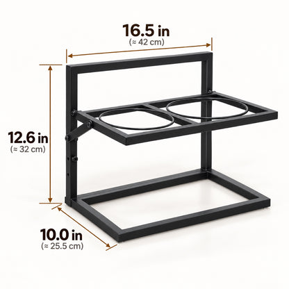 GAVPEPY Metal Raised Double Dog Bowl Stand, 42 x 32 x 25.5 cm, Black frame with two bowls, for Everyday Dog and Cat Meals or Water at Home, metal frame holding two stainless-look bowls; a practical feeding setup for daily pet-care routines image 6 - 5.jpg