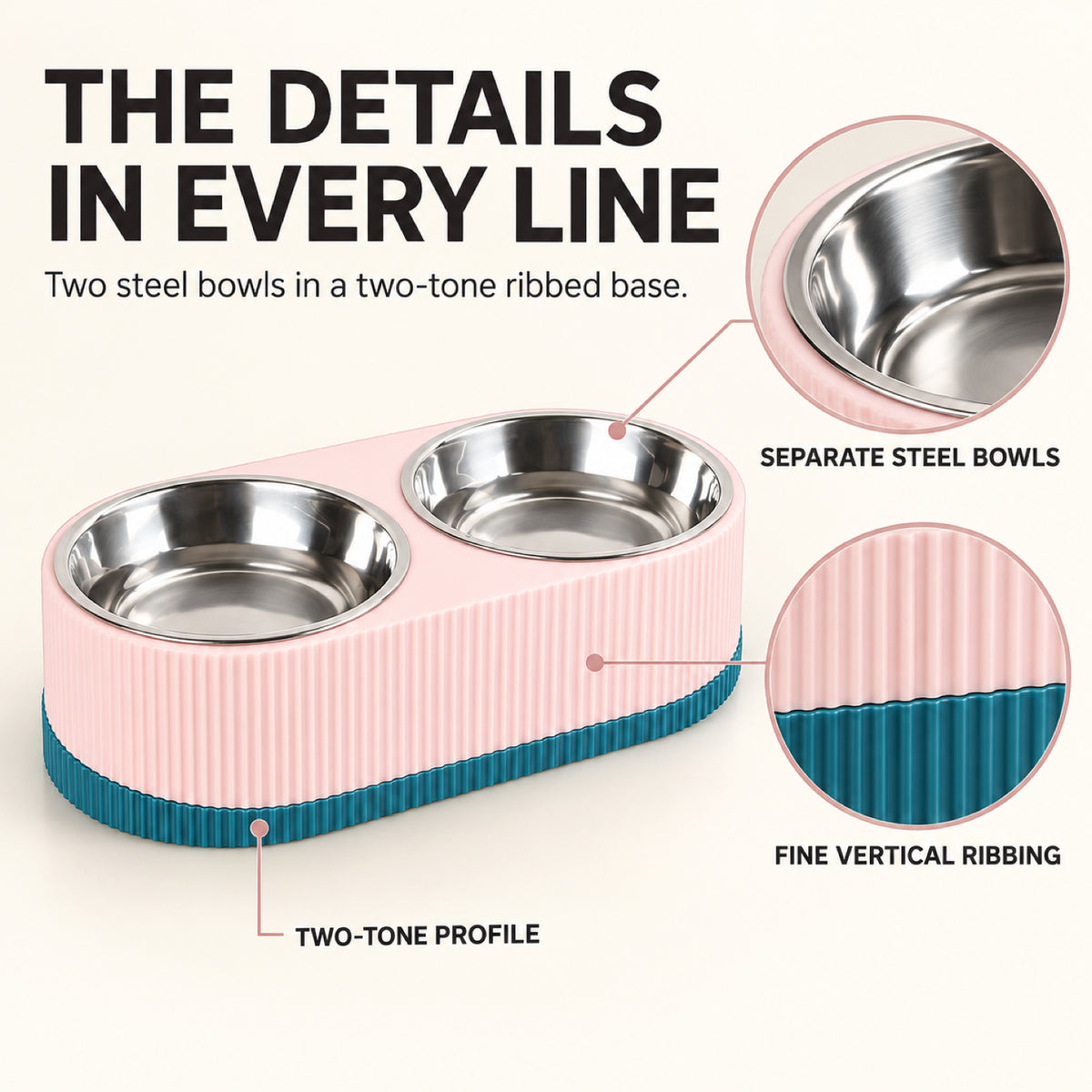 GAVPEPY Stainless Steel Double Pet Bowl Set, 31.5 x 16.5 x 9.3 cm, Pink and Green or Blue and Yellow, for Everyday Dog and Cat Meals or Water at Home, two removable-looking bowls in a joined base; a practical feeding setup for daily pet-care routines image 6 - 5.jpg