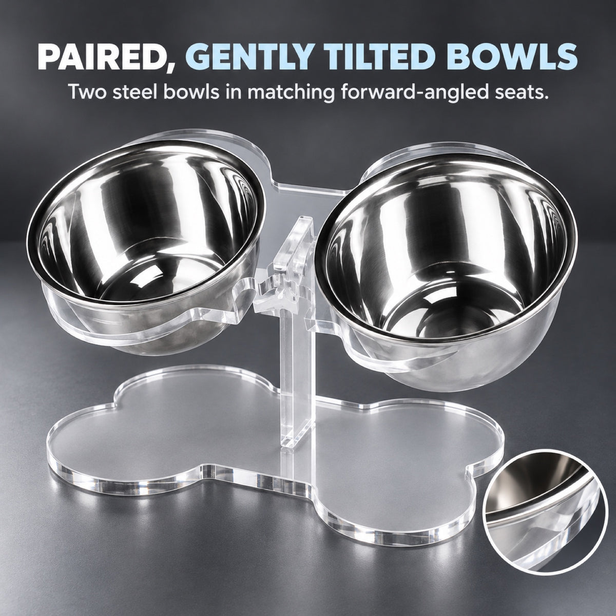 GAVPEPY Clear Acrylic Raised Double Pet Feeder, 32 x 22 x 16 cm; 5 mm panel listed, Clear, for Everyday Dog and Cat Meals or Water at Home, transparent raised panel with two bowl positions; a practical feeding setup for daily pet-care routines image 6 - 5.jpg
