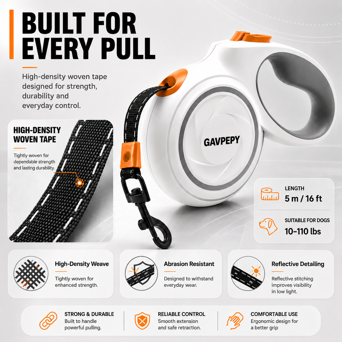 GAVPEPY Retractable Dog Leash, 5 M / 16 Ft Dog Walking Leash, One Hand Brake And Lock, 360 Degree Swivel Hook, For Dogs 10 To 110 Lb, By GAVPEPY image 5 - 5.png
