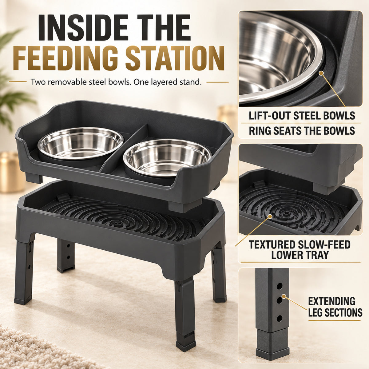 GAVPEPY Raised Double Stainless Steel Pet Bowls, 44 x 26.5 x 16 cm, Black stand, for Everyday Dog and Cat Meals or Water at Home, two bowls with a tall surrounding stand; a practical feeding setup for daily pet-care routines image 6 - 5.jpg