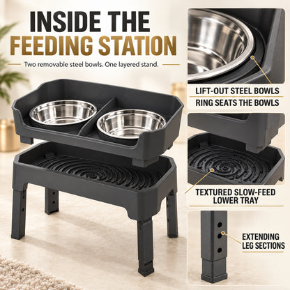 GAVPEPY Raised Double Stainless Steel Pet Bowls, 44 x 26.5 x 16 cm, Black stand, for Everyday Dog and Cat Meals or Water at Home, two bowls with a tall surrounding stand; a practical feeding setup for daily pet-care routines image 6 - 5.jpg