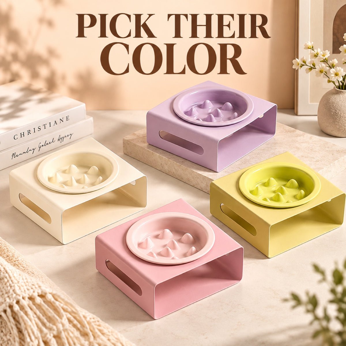 GAVPEPY Ceramic Slow Feeder Bowl and Stand, 13.5 x 13.5 x 3.5 cm bowl, nine bowl-and-stand color combinations, for Everyday Dog and Cat Meals or Water at Home, raised feeding pattern in a small matching stand; a patterned surface separates portions image 6 - 5.jpg