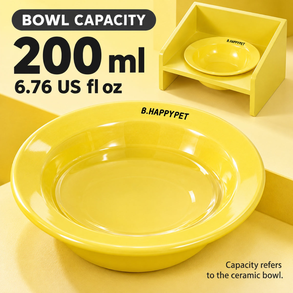 GAVPEPY Raised Ceramic Pet Bowl with Wood Stand, 14.7 cm bowl; 4.2 cm listed height, Pink, Yellow or Blue, for Everyday Dog and Cat Meals or Water at Home, angled bowl held in a low stand; a practical feeding setup for daily pet-care routines image 6 - 5.jpg