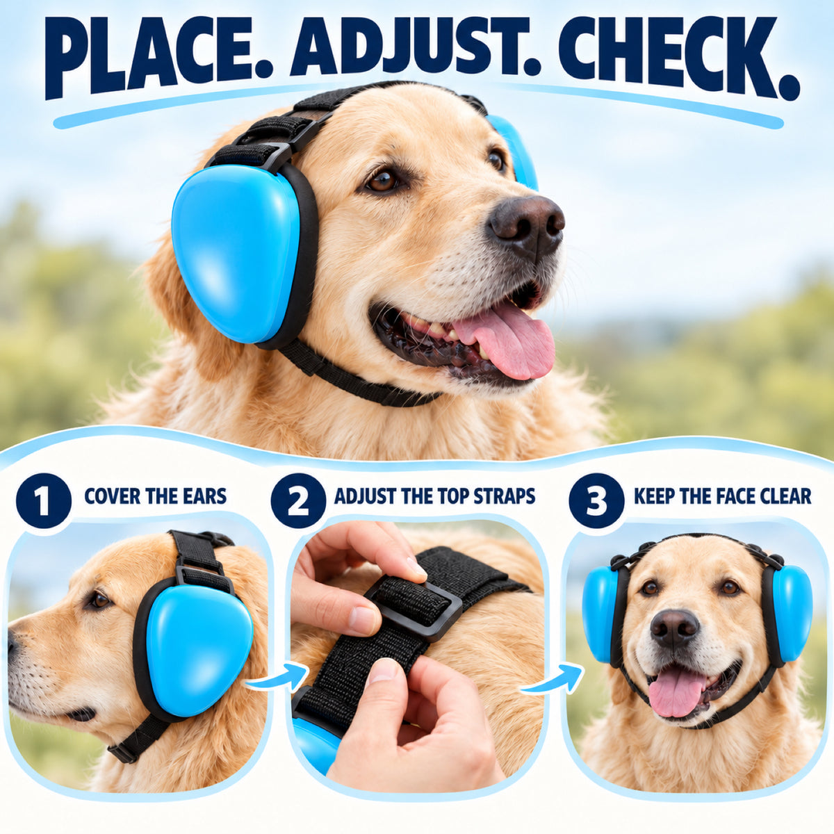 GAVPEPY ABS-Shell Blue Dog Ear Muffs, Blue in S, M or L size options, for covering both ears during supervised noisy pet-care routines, grooming, travel, home events and other supervised outings, smooth blue ear cups, dark inner pads and adjustable image 6 - 5.jpg