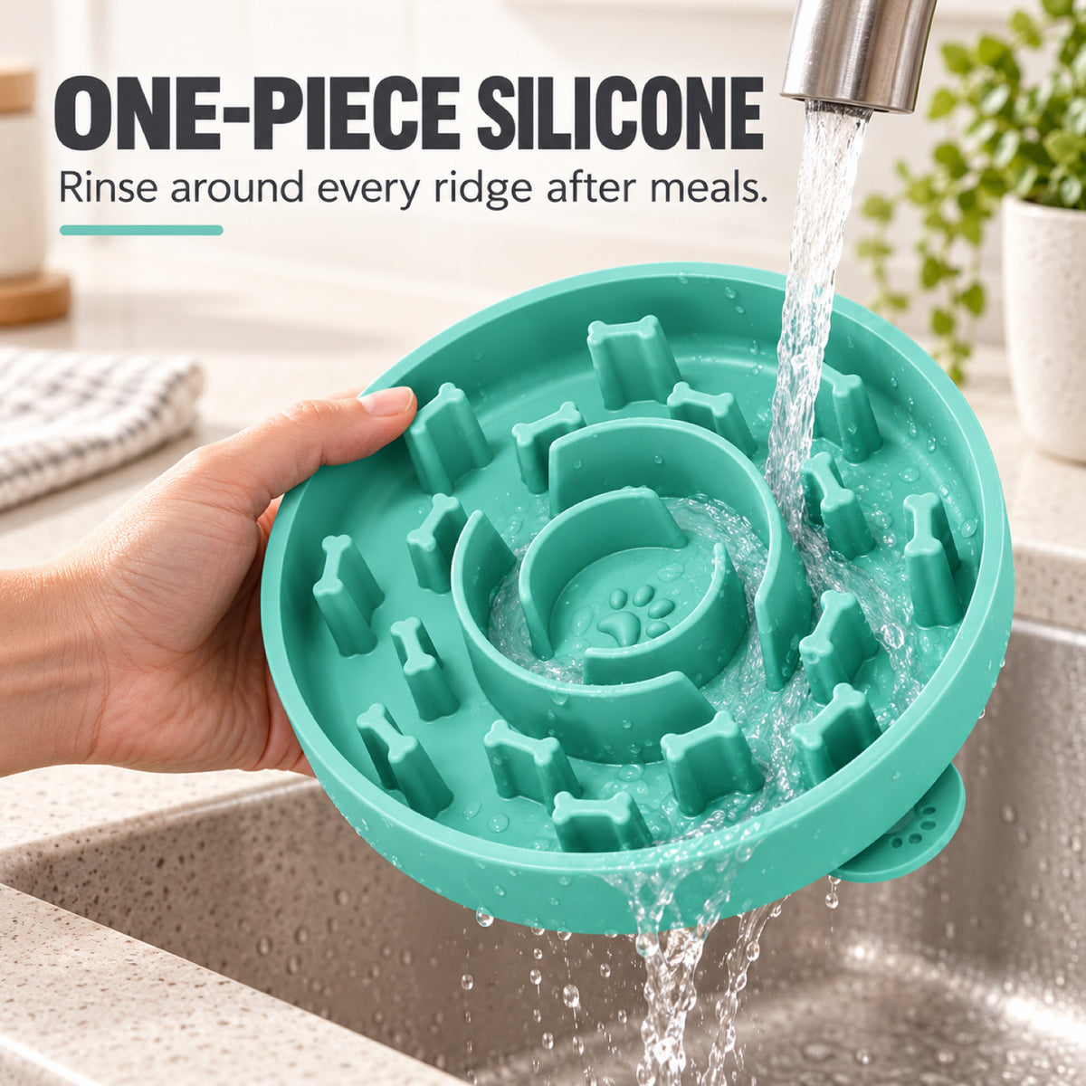 GAVPEPY Silicone Textured Slow Feeder Bowl, 20 x 20 x 4 cm, teal finish, for Everyday Dog and Cat Meals or Water at Home, raised pattern across the feeding surface; a patterned surface separates portions across the bowl image 6 - 5.jpg