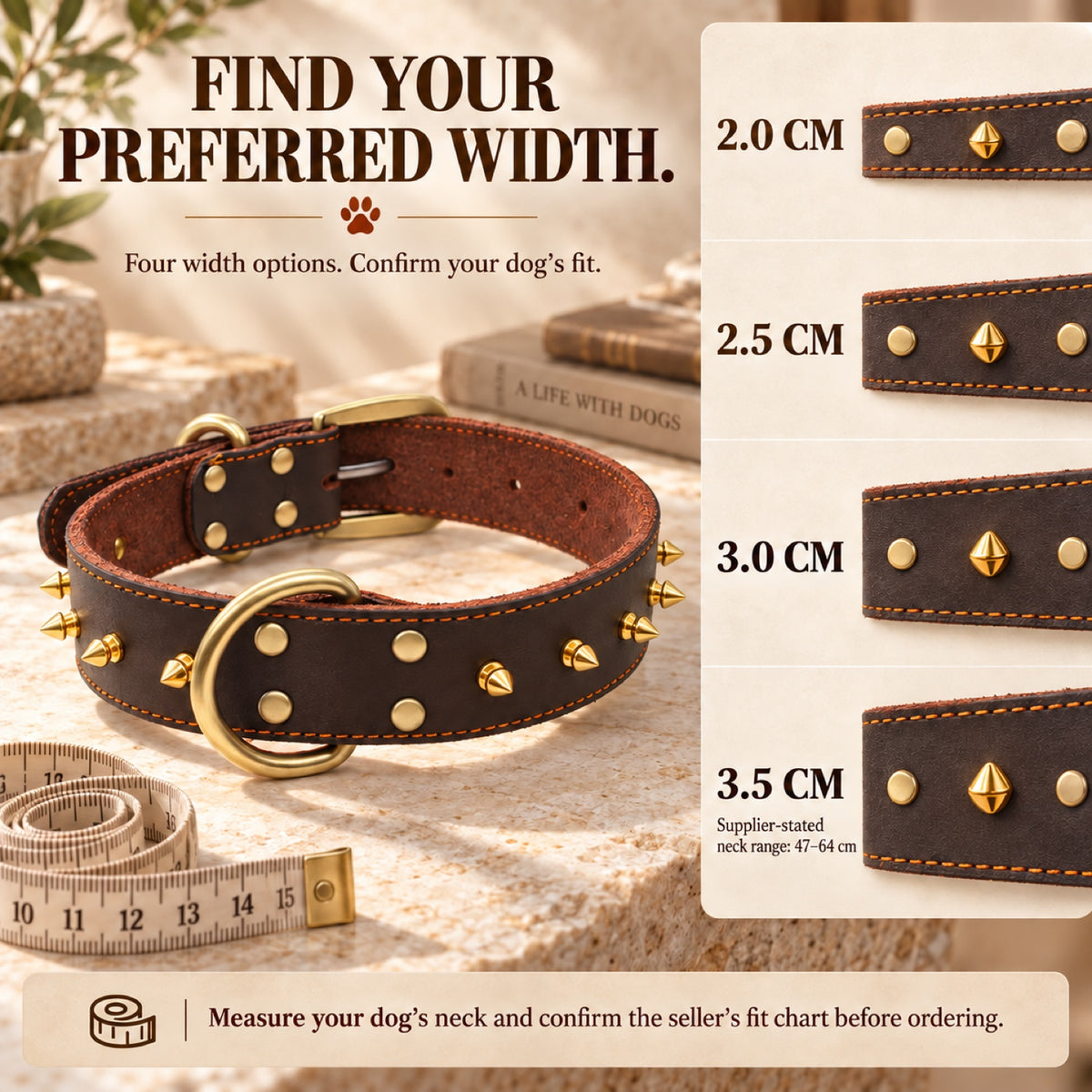 GAVPEPY Leather-style material Studded Dog Collar, Sizes 2-0 cm, 2-5 cm, 3-0 cm, 3-5 cm, Brown, for neighborhood walks, park visits and daily dog wear; an adjustable neckwear option for supervised walks and everyday outings image 6 - 5.jpg