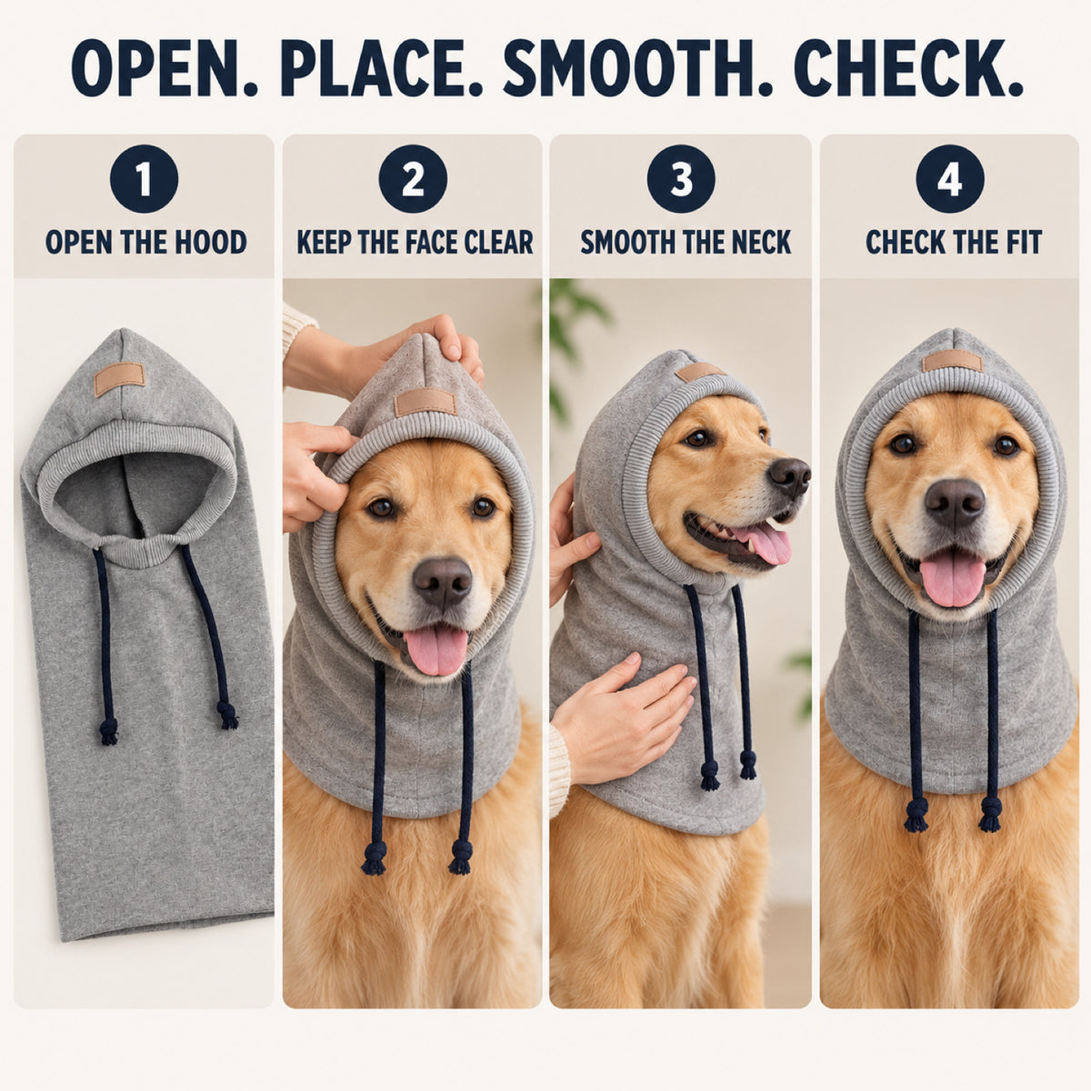 GAVPEPY Polyester Hooded Dog Ear and Neck Wrap, Black, Gray or Green in S, M and L, for covering ears and neck during supervised daily outings, cool-weather walks, travel and home routines, a long neck panel, open face and visible drawcords create image 6 - 5.jpg