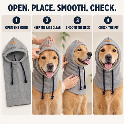 GAVPEPY Polyester Hooded Dog Ear and Neck Wrap, Black, Gray or Green in S, M and L, for covering ears and neck during supervised daily outings, cool-weather walks, travel and home routines, a long neck panel, open face and visible drawcords create image 6 - 5.jpg