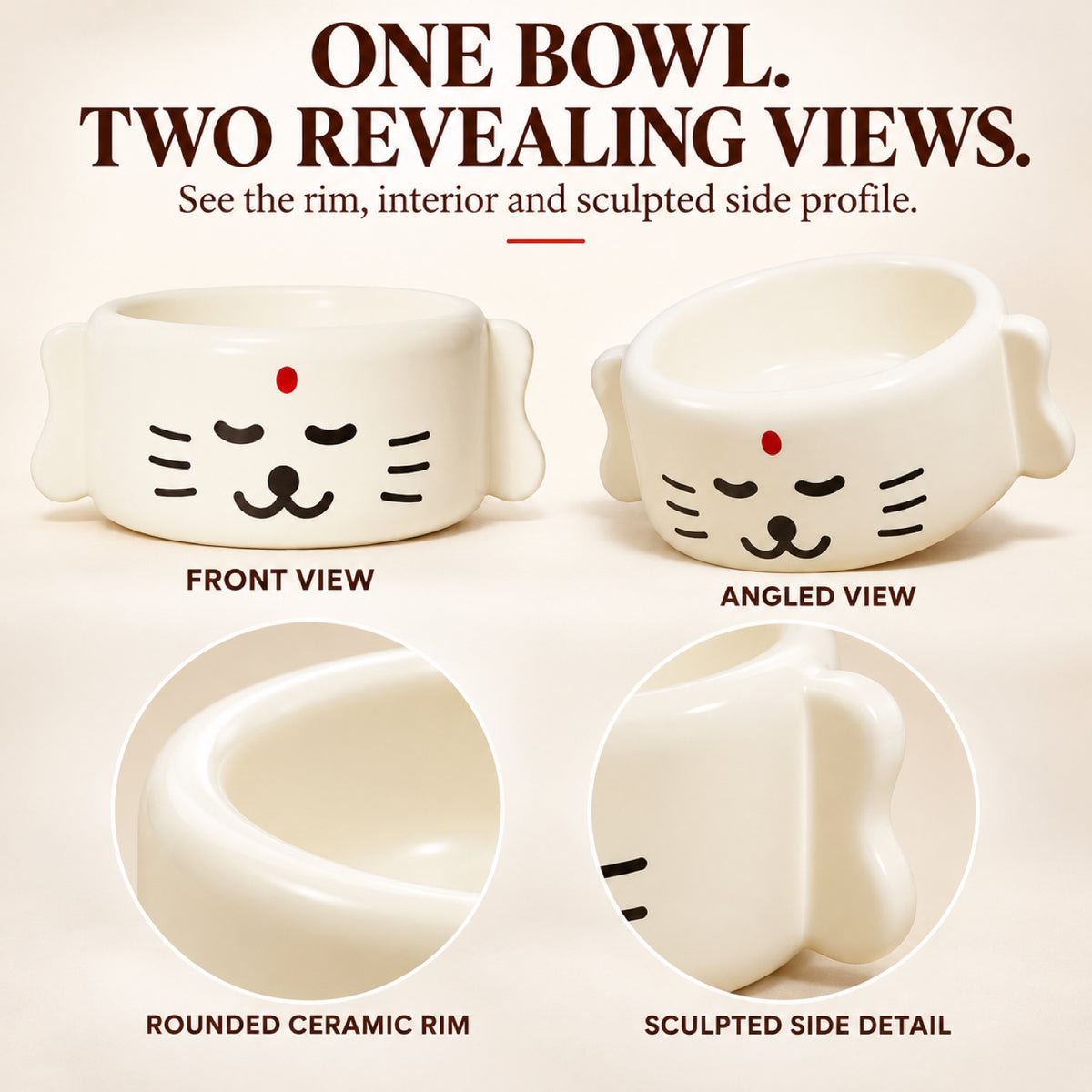 GAVPEPY Ceramic Sculpted Pet Feeding Bowl, 20 x 15 x 8 cm, cream finish, for Everyday Dog and Cat Meals or Water at Home, sculpted character-shaped exterior and open bowl; a practical feeding setup for daily pet-care routines image 6 - 5.jpg