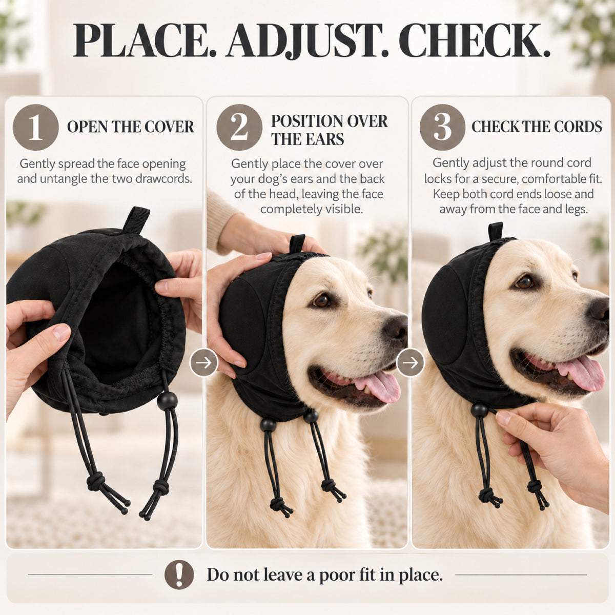 GAVPEPY Polyester Soft Dog Ear Cover Hood, Black or Blue in S, M, L and XL, for covering the ears during supervised noisy or breezy routines, home, grooming visits, travel and outdoor walks, a wraparound hood shape and top adjustment loop keep the image 6 - 5.jpg