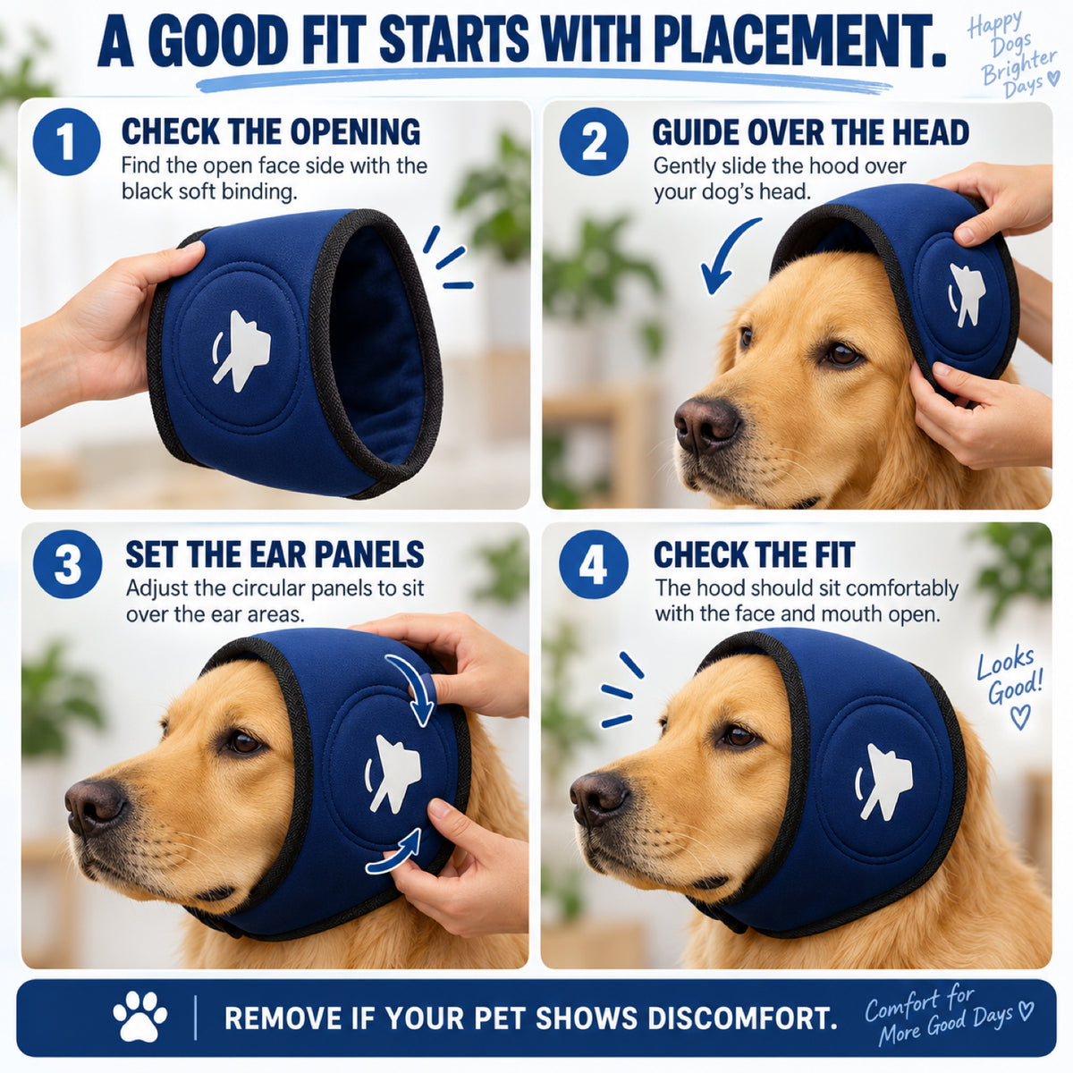 GAVPEPY Polyester Soft Dog Ear Wrap, Blue, Green or Orange in S, M and L, for covering the ears during supervised noisy or breezy routines, home routines, grooming, travel and outdoor use, a compact padded fabric panel and dark edge trim make each image 6 - 5.jpg