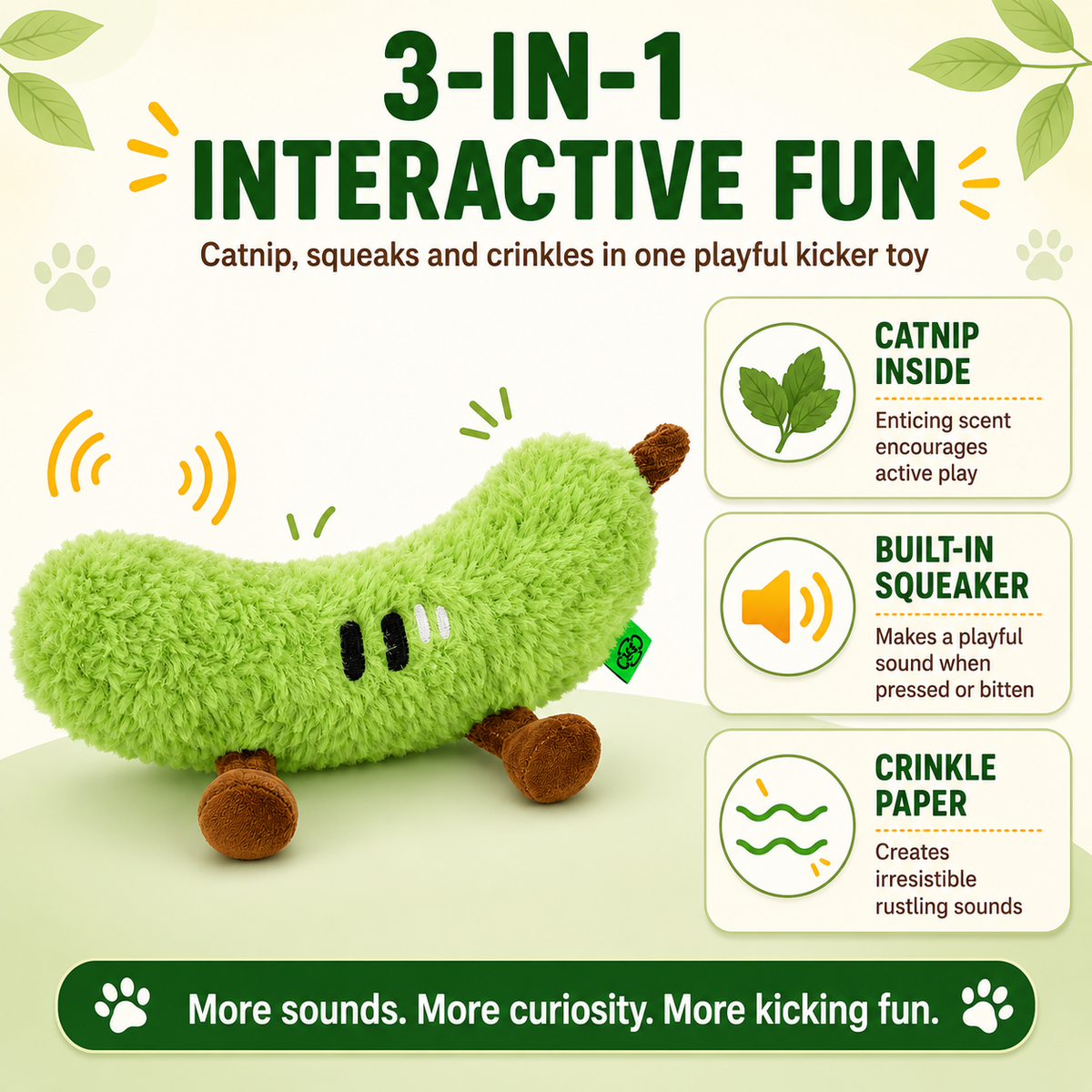 Green Cucumber Catnip Kicker Toy with Squeaker image 6