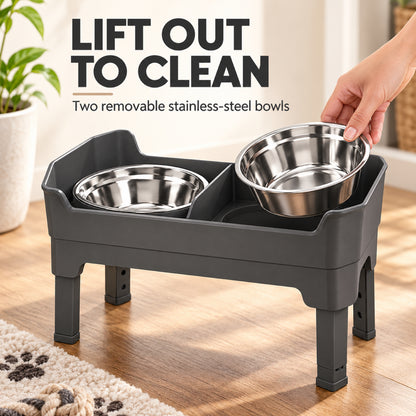 GAVPEPY Raised Double Stainless Steel Pet Bowls, 44 x 26.5 x 16 cm, Black stand, for Everyday Dog and Cat Meals or Water at Home, two bowls with a tall surrounding stand; a practical feeding setup for daily pet-care routines image 7 - 6.jpg