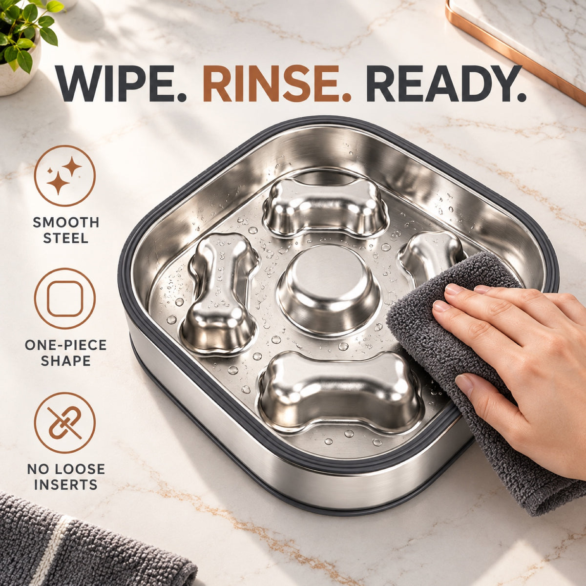 Square Bone-Print Stainless Steel Slow Feeder Bowl, 2 Base Options, By GAVPEPY image 7 - 6.jpg
