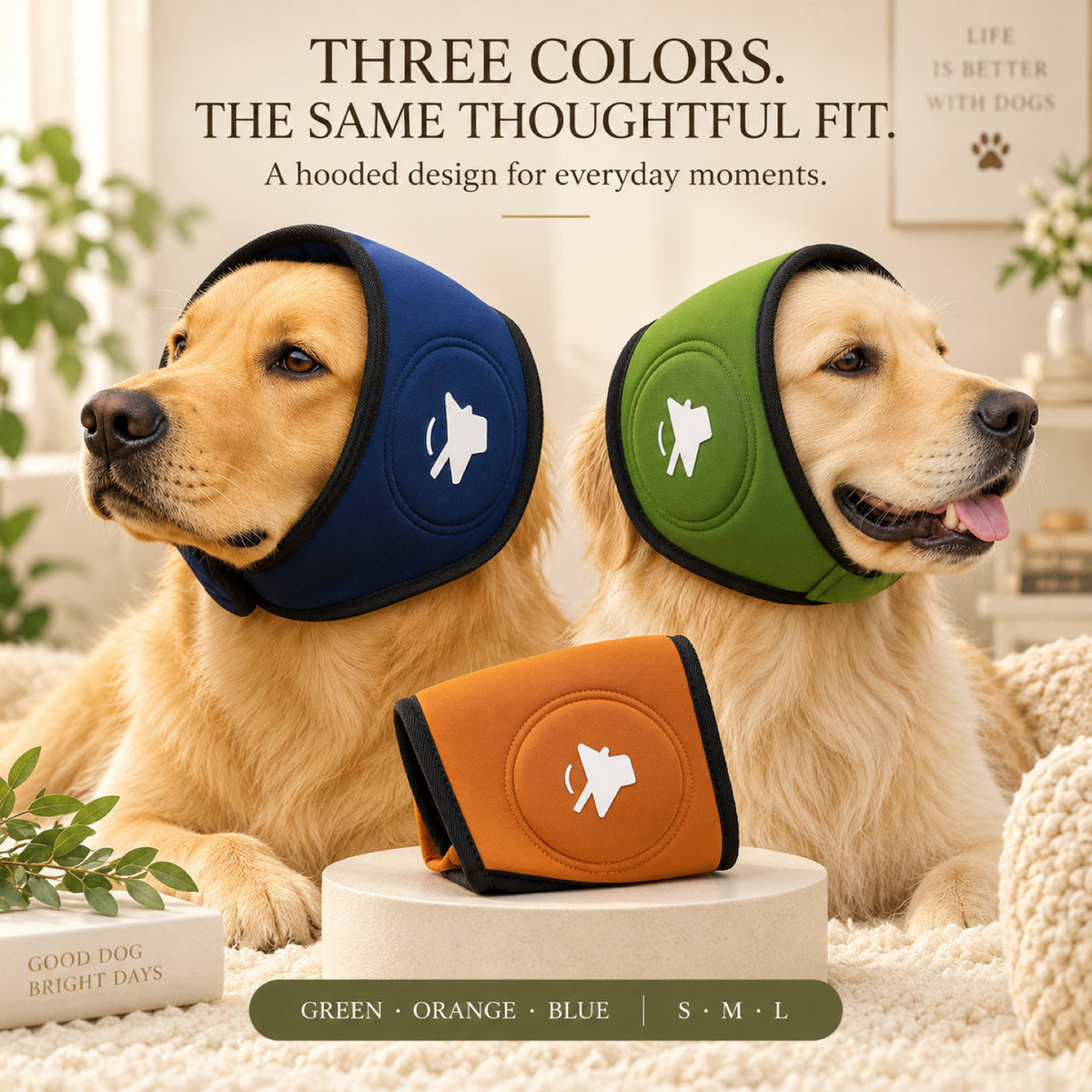 GAVPEPY Polyester Soft Dog Ear Wrap, Blue, Green or Orange in S, M and L, for covering the ears during supervised noisy or breezy routines, home routines, grooming, travel and outdoor use, a compact padded fabric panel and dark edge trim make each image 7 - 6.jpg