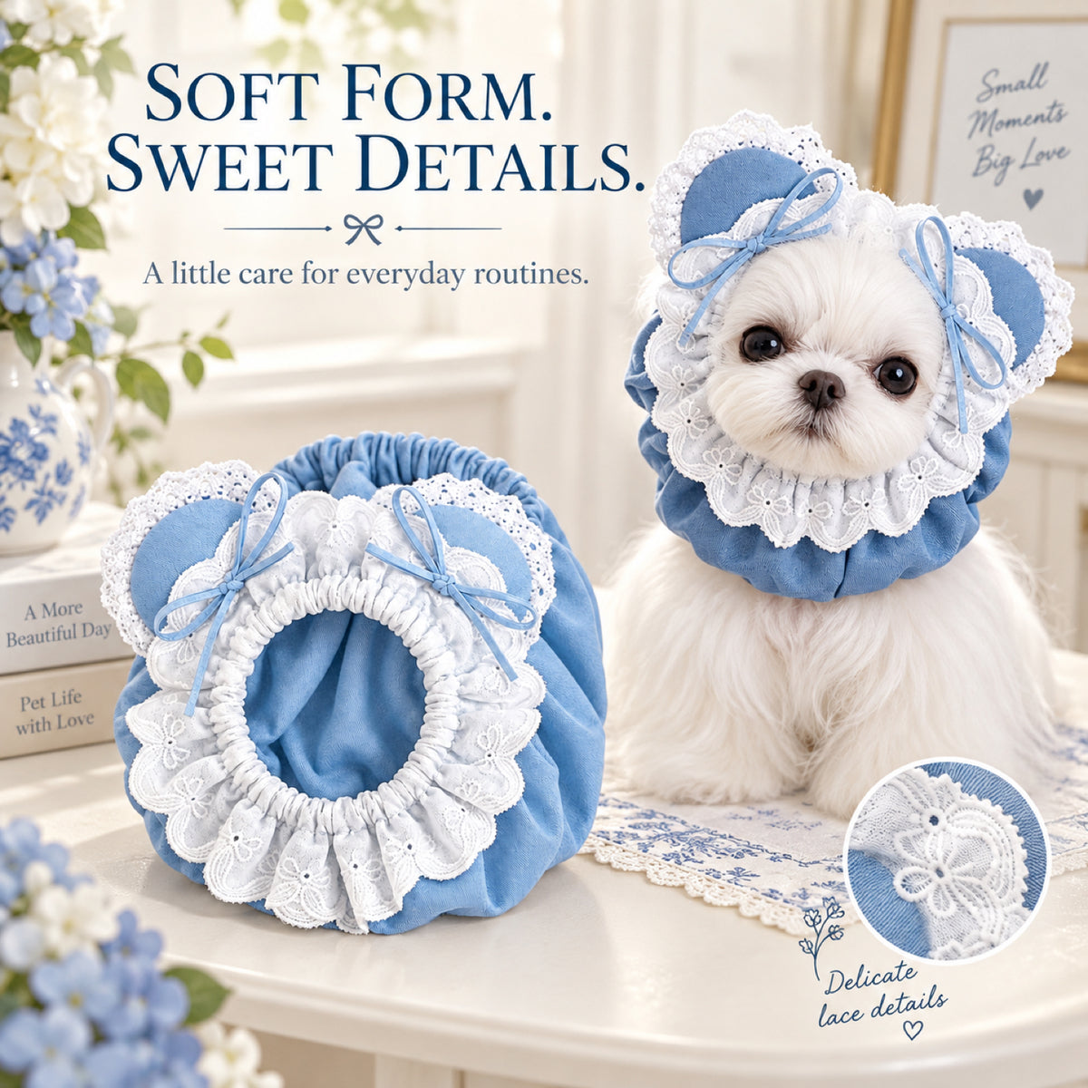 GAVPEPY Cotton Denim Long-Ear Dog Snood with Lace Trim, Light Blue or Medium Blue in S, M and L, for holding long ears and hair back during supervised meals and grooming, feeding time, home grooming and short walks image 7 - 6.jpg