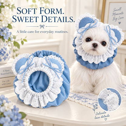 GAVPEPY Cotton Denim Long-Ear Dog Snood with Lace Trim, Light Blue or Medium Blue in S, M and L, for holding long ears and hair back during supervised meals and grooming, feeding time, home grooming and short walks image 7 - 6.jpg