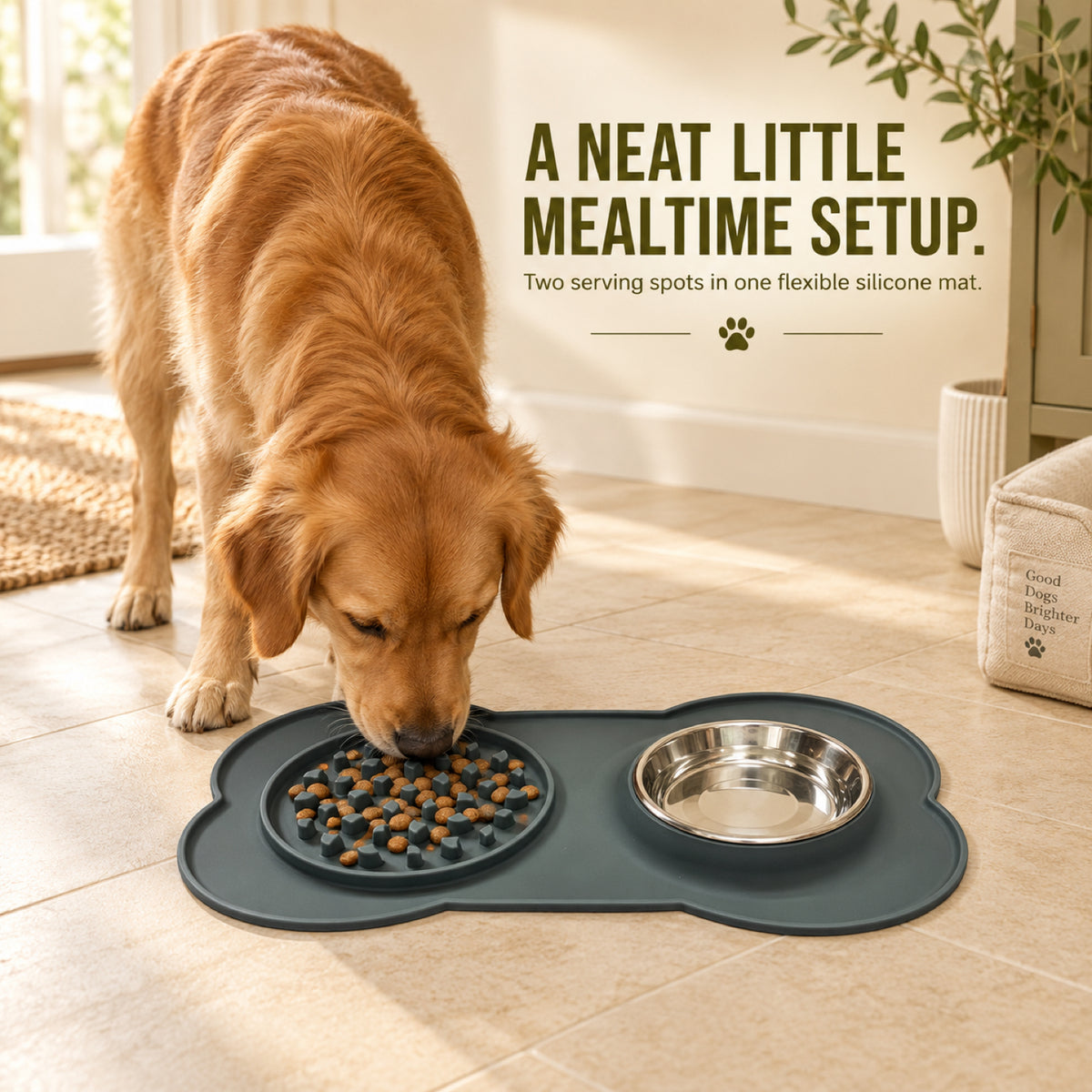 GAVPEPY Silicone Feeding Mat and Bowl Set, 58 x 33 cm, one pictured colorway, for Everyday Dog and Cat Meals or Water at Home, textured feeding area beside a round bowl; a patterned surface separates portions across the bowl image 7 - 6.jpg